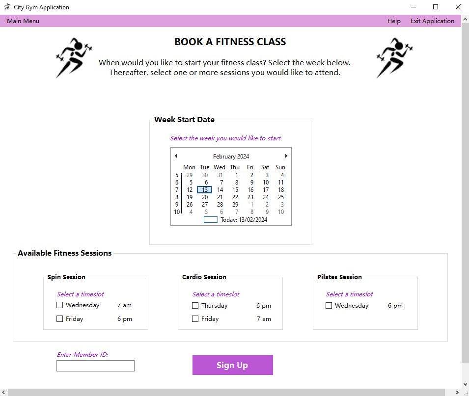 The book a fitness class screen