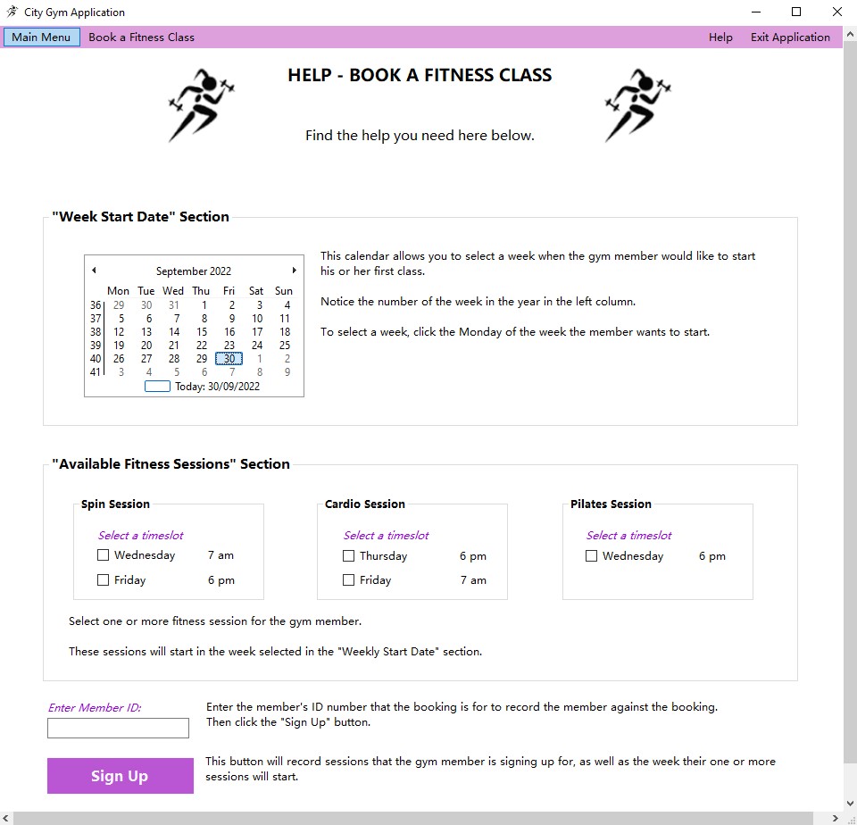 The help screen with instructions on how to book a fitness class