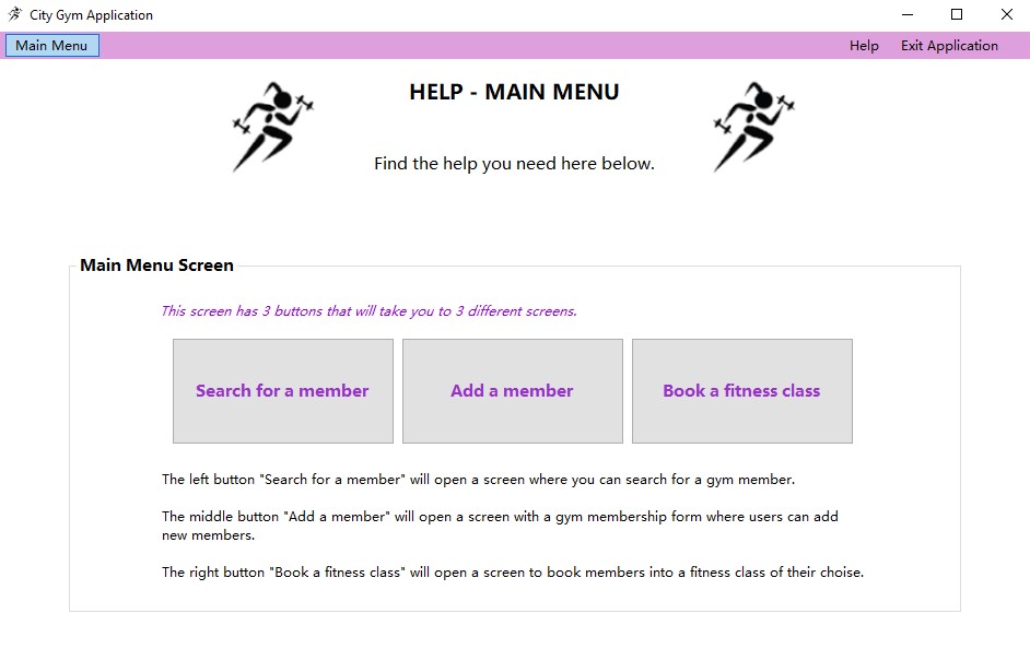 The help screen explaining the functionality of each button in the main menu