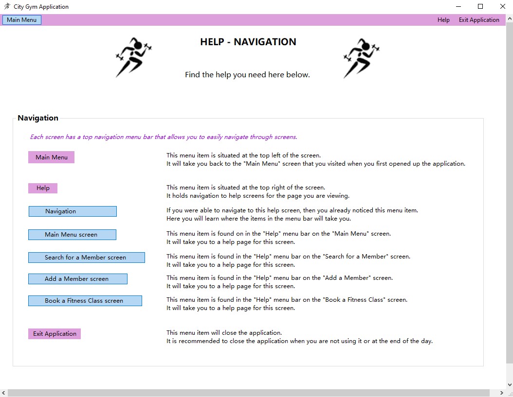 The help screen explaining the functionality of each top menu bar item for navigating through the application