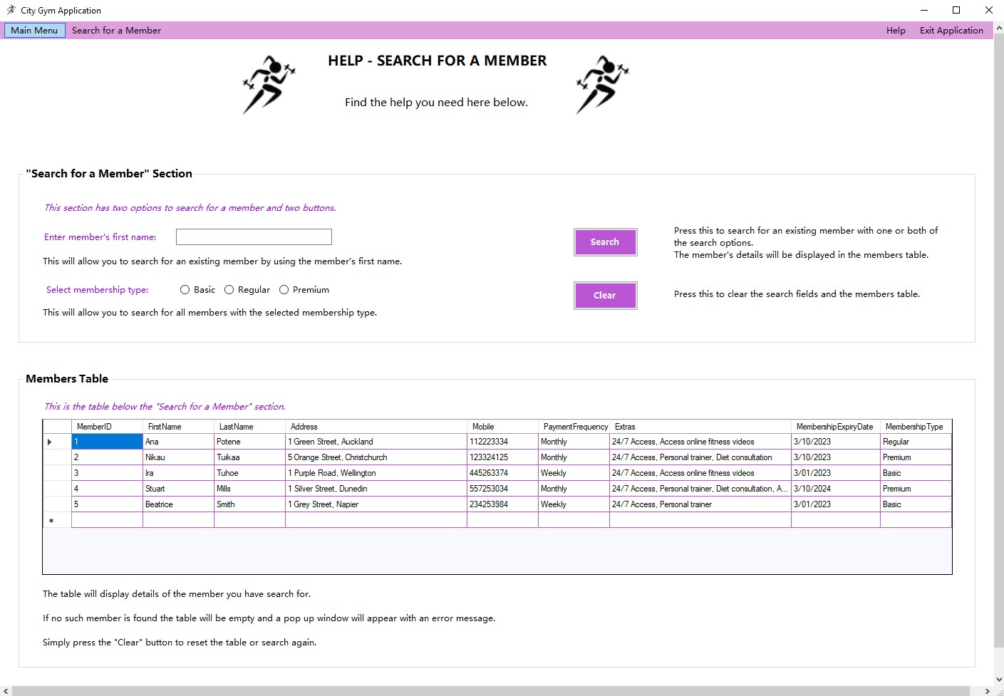 The help screen with instructions on how to search for a member