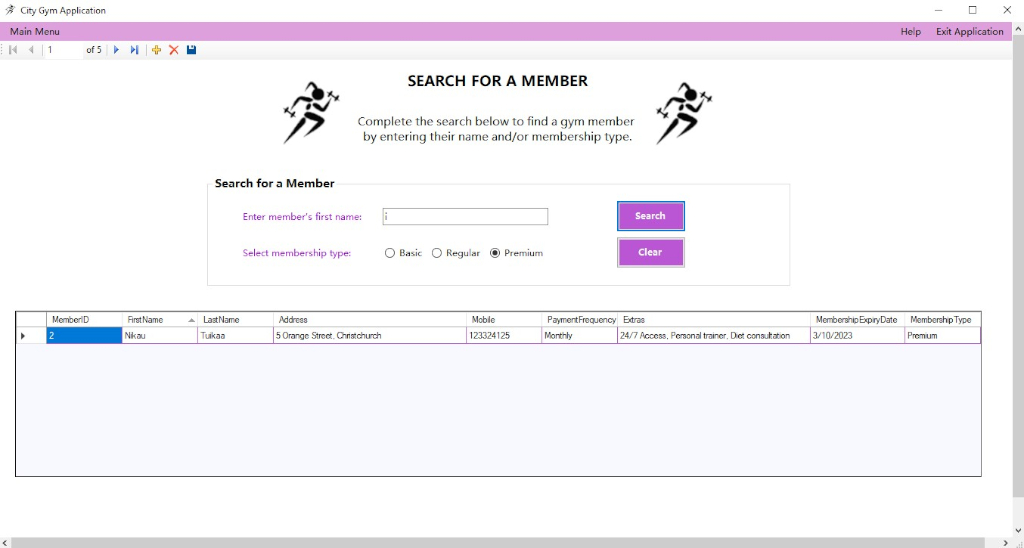 Search for a gym member screen with ‘i’ and premium membership type