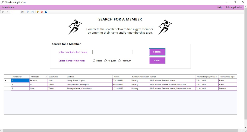 Search for a gym member screen with the letter ‘i’