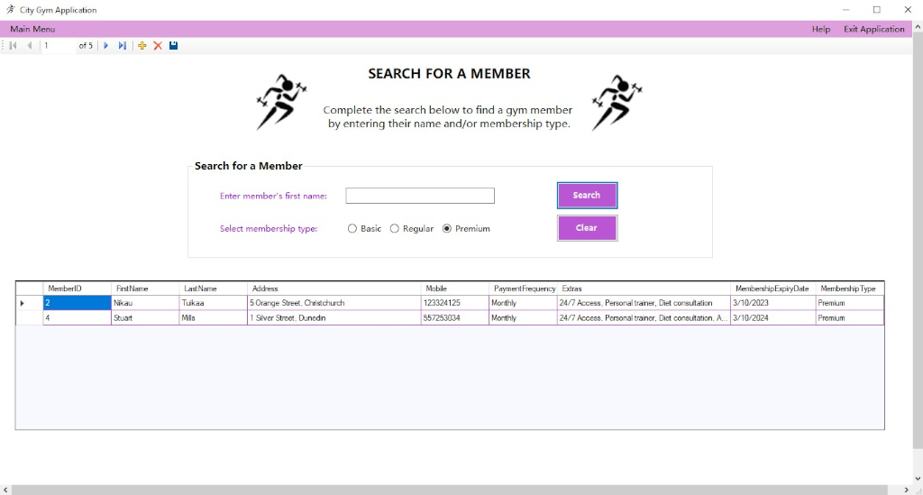 Search for a gym member screen with premium membership type