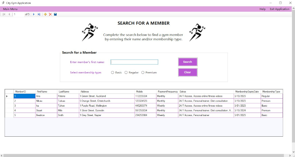 Search for a gym member screen