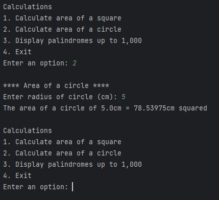 A screenshot of calculating the area of a circle