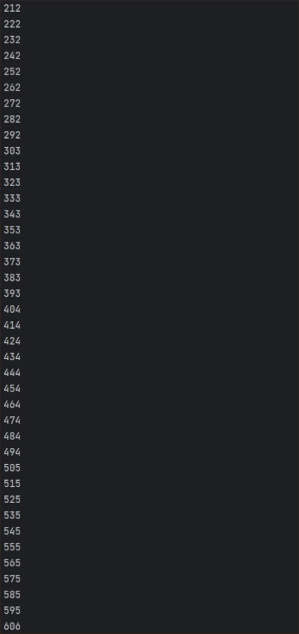 A screenshot of displaying palindromes from 212 to 606