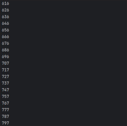 A screenshot of displaying palindromes from 616 to 797
