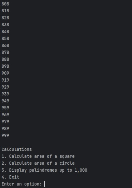 A screenshot of displaying palindromes from 808 to 1,000