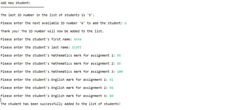 A screenshot of adding a new student