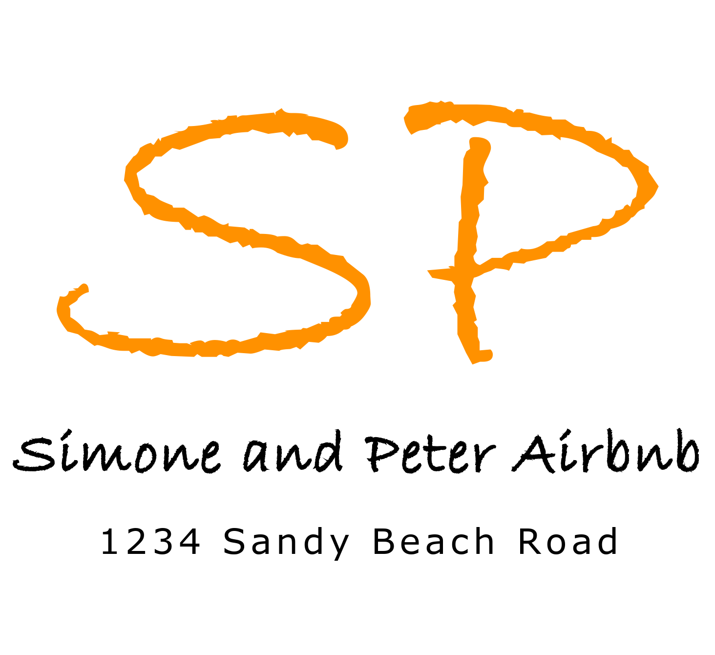 Simone and Peter Airbnb logo showing their address as 1234 Sandy Beach Road